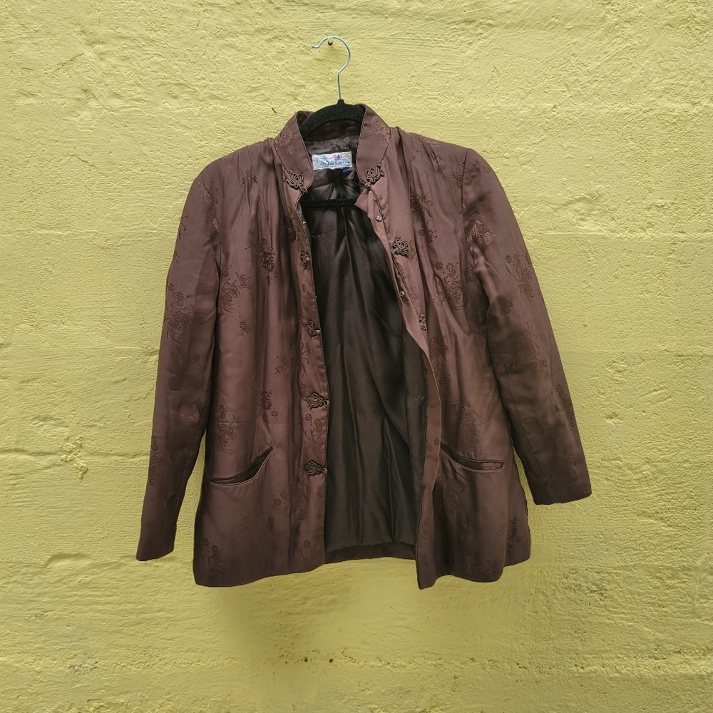 Vintage 100 Percent Silk Brown 2 pocket jacket - Picture 2 of 8